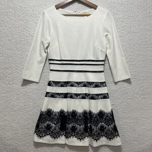 ERIN Fetherston Women's White Lace Striped Dress‎ Quarter Sleeve Elegant Sz 6